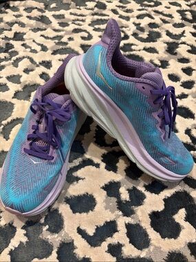 Hoka Women's Clifton Purple and Aqua Running Shoes